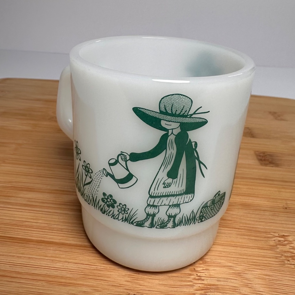 Vintage Termocrisa Holly Hobbie Mug 💚 Milk Glass Stacking Mug • Green Print